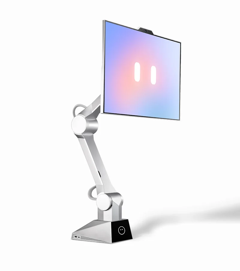 White CyboPal ONE with a landscape display and robotic arm