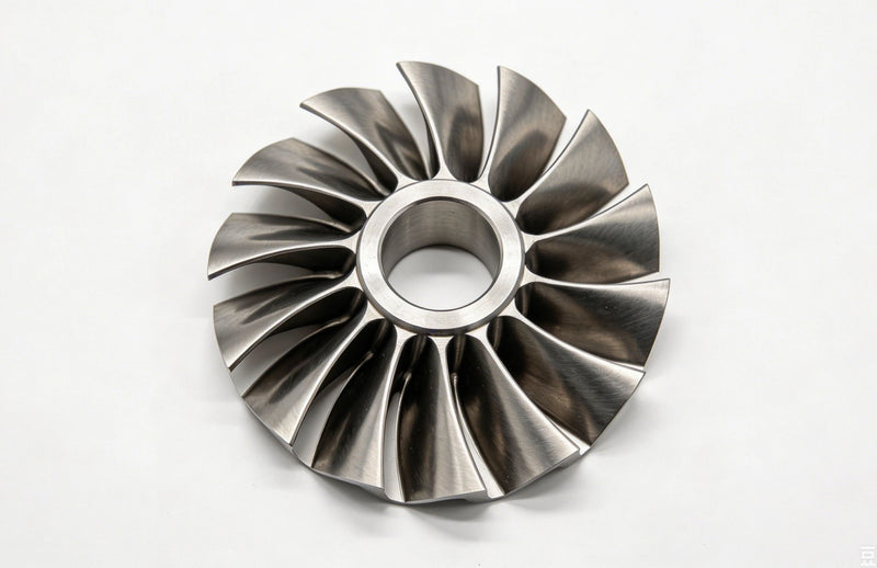 Metal turbine-style blade displayed as an InfiMaker K1 machining example