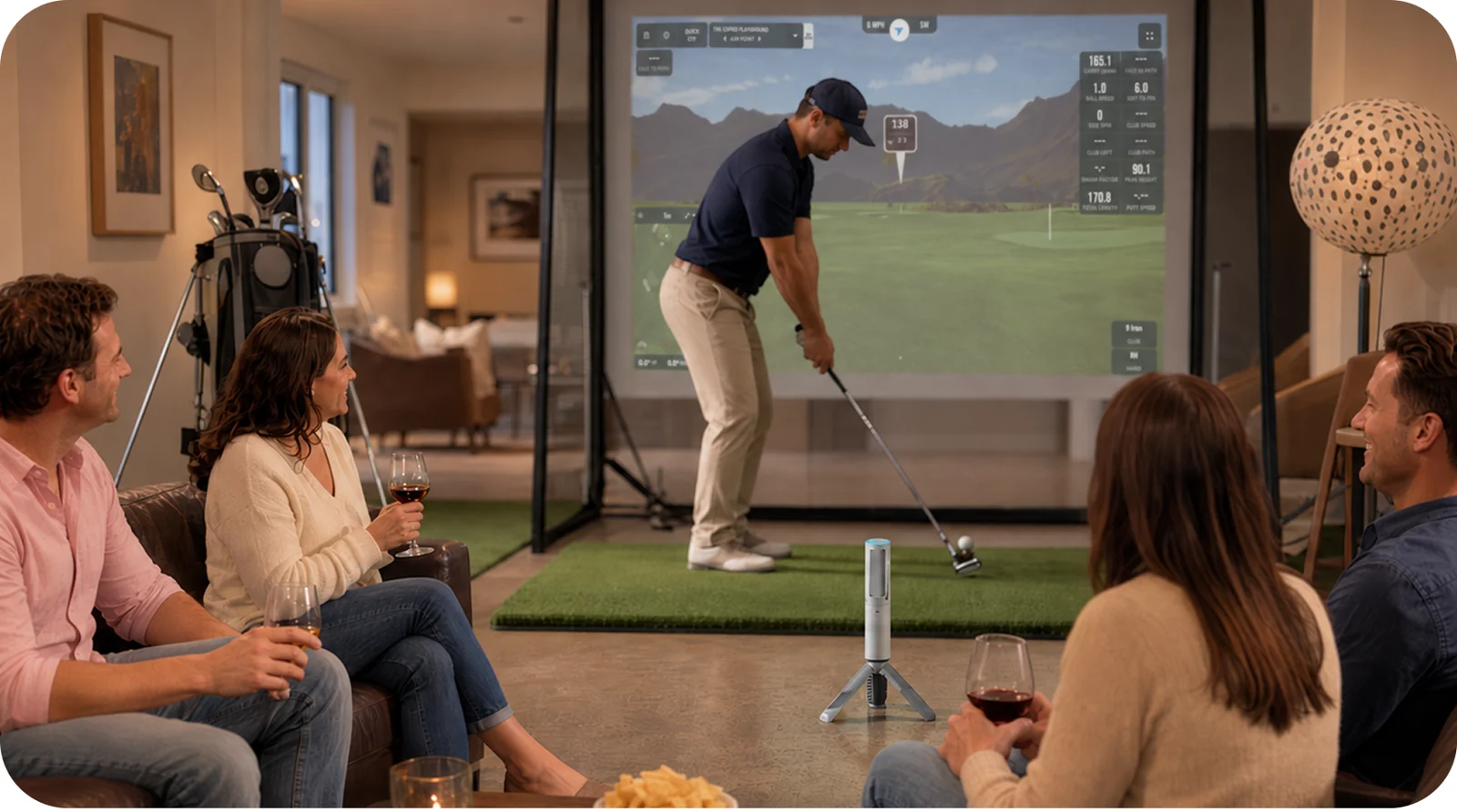 Golfer using NeoPace G10 Pro in a home simulator setup with friends