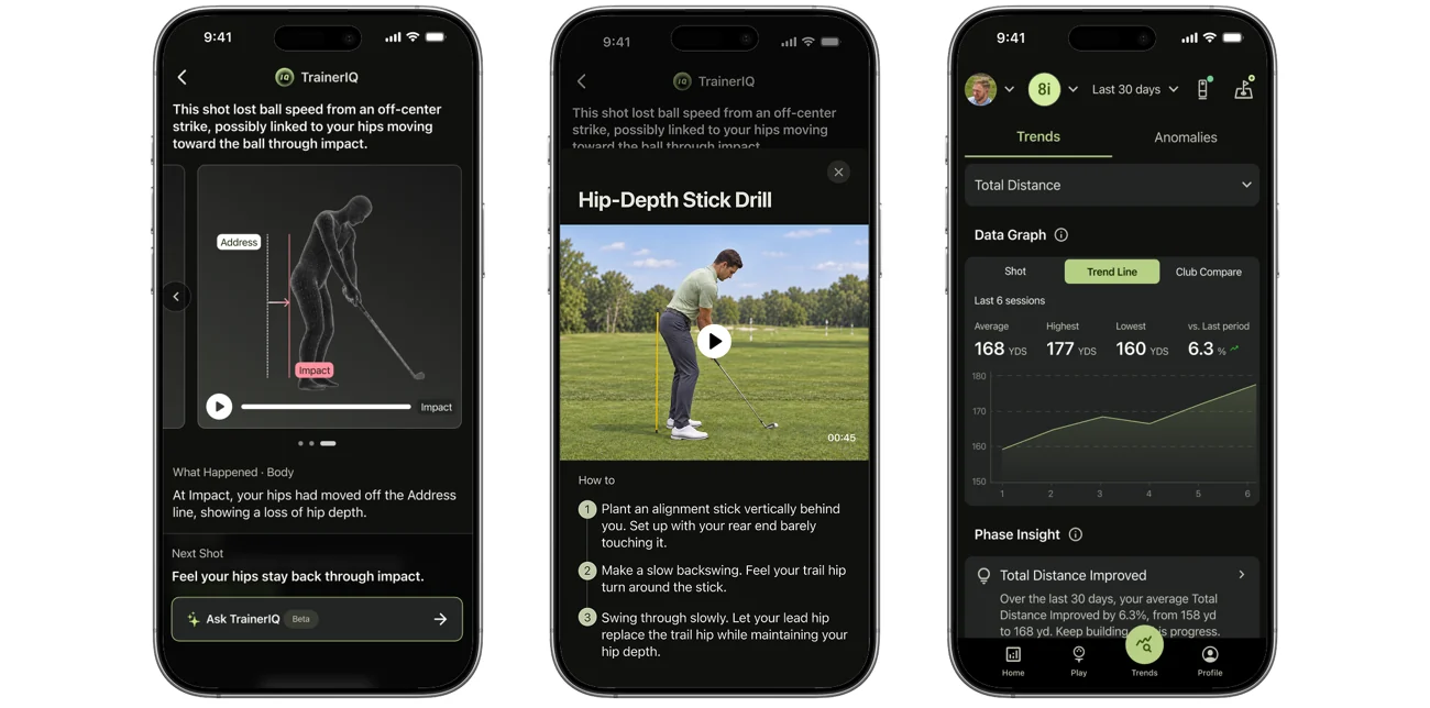 TrainerIQ app screens with swing guidance, a practice drill and training data