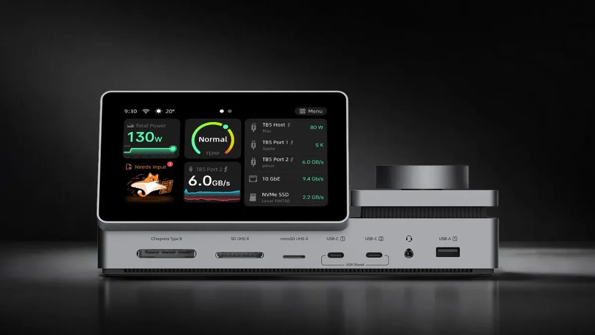 PexarBolt Ultra TBT5 Dock showing port activity and power readings on its 5-inch dashboard