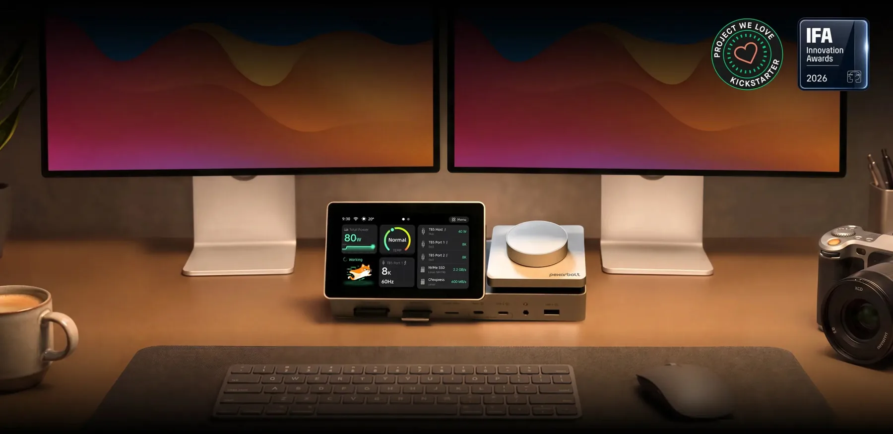 PexarBolt Ultra TBT5 Dock on a creator desk with two displays