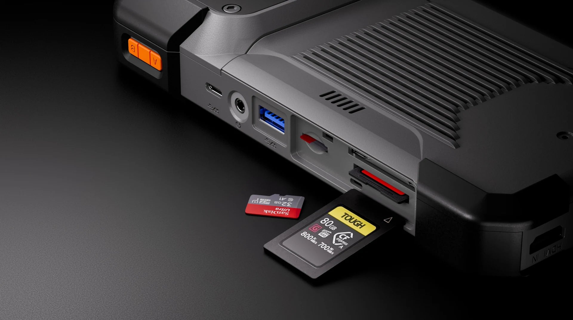 Close-up of PixelMob Pro memory card slots and ports
