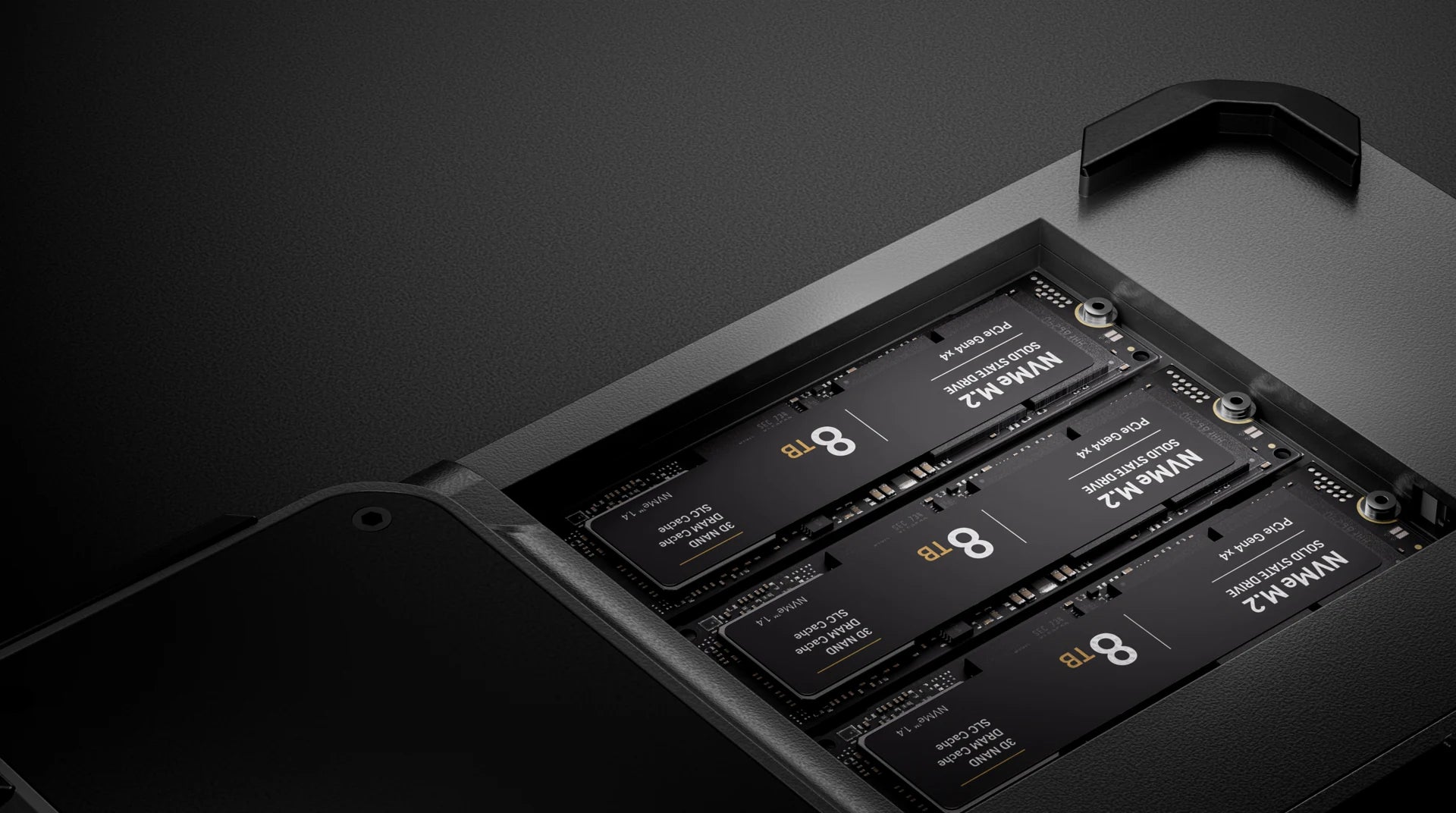 Three M.2 SSD bays inside the PixelMob Pro enclosure