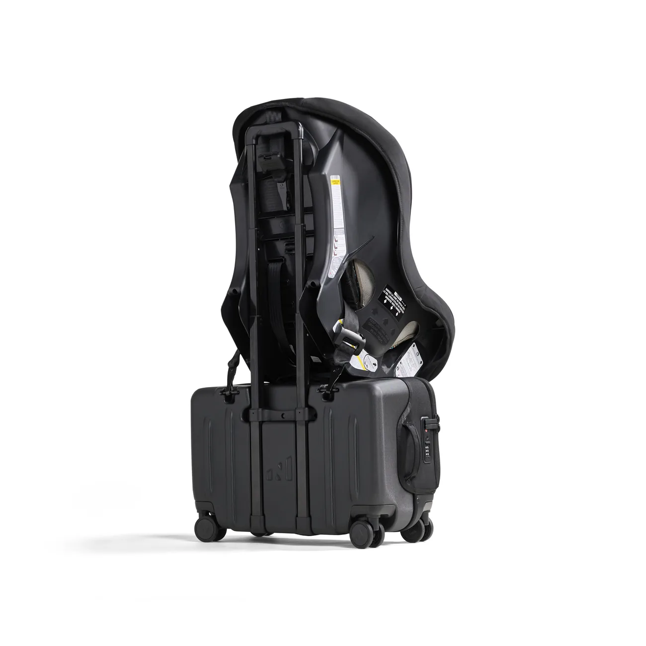 Child car seat attached above a Rollaway suitcase