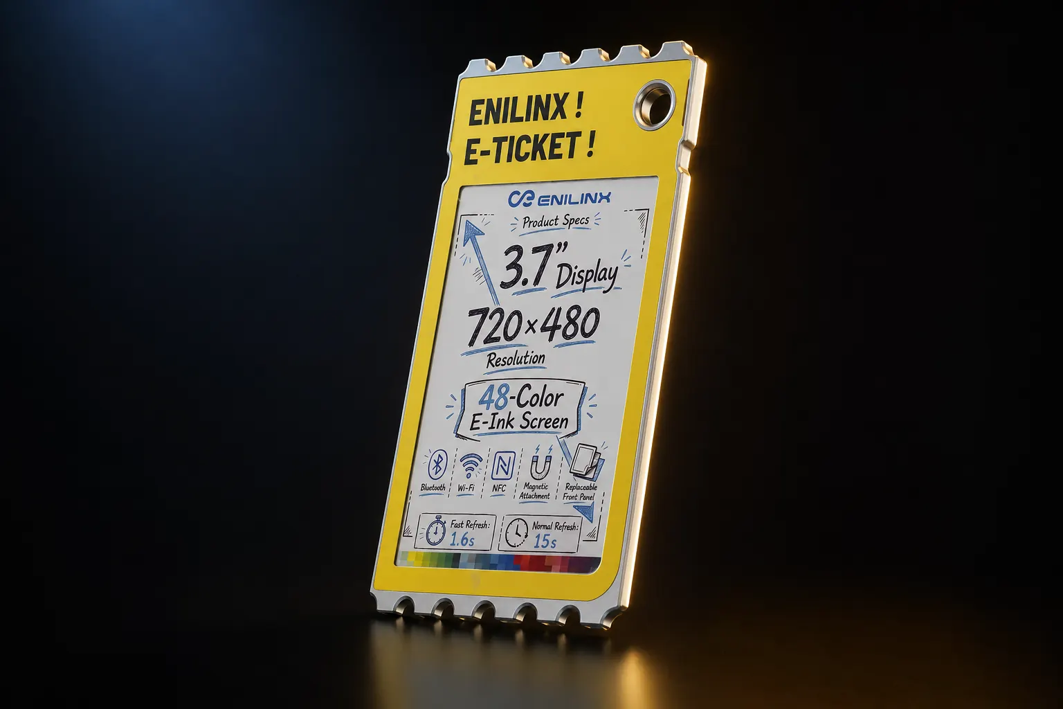 Yellow TICKEY color e-paper card standing against a dark background