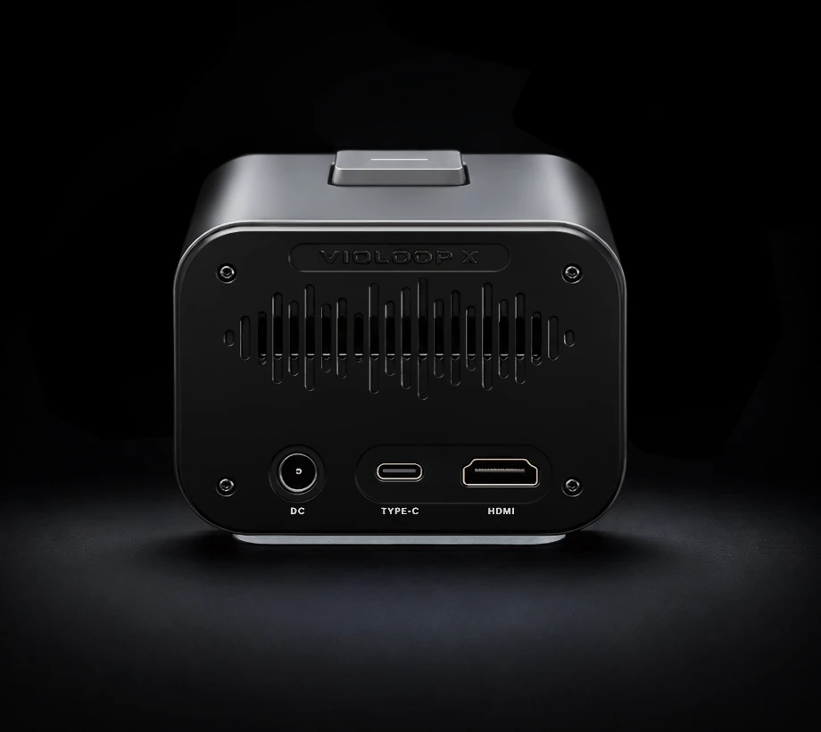 Rear of VioLoop V4 showing DC power, USB-C and optional HDMI ports